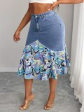 Women's Plus Size Fashion Floral Patchwork Denim Skirt