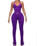 Women's Autumn Casual Solid Color Sleeveless Halter Neck Tight Fitting Pants Set