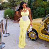 Women Casual Holiday Solid Pleated Backless Halter Neck Bodycon Dress