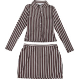 Women's Autumn Winter Fashion Striped Long Sleeve Turndown Collar Button Front Bodycon Skirt Set