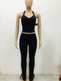 Women's Autumn Casual Solid Color Sleeveless Halter Neck Tight Fitting Pants Set