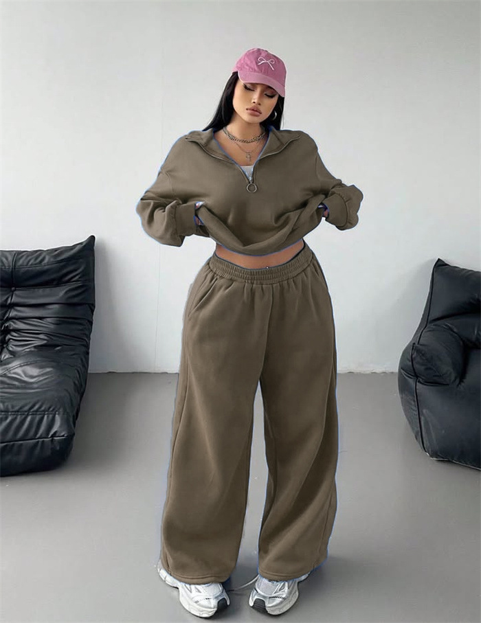 Women's Autumn Winter Casual Zipper Pullover Top Pants Set
