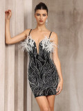 Women's Sexy Strappy Pearl Beaded Deep V Low Back Party Dress