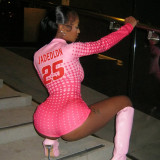 Women's Autumn Winter Fashion Print Long Sleeve Stand Collar Zipper Slim Jumpsuit