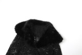 Women's Autumn Winter Fashion Print Fur Collar Lace Patchwork See-Through Pants Set