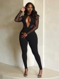 Women's Autumn Fashion Low Back Deep V Long Sleeve Solid Color Tight Fitting Jumpsuit