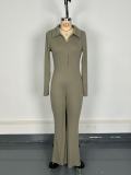 Women's Turndown Collar Knit Long Sleeve Button Sporty Butt Lift Jumpsuit