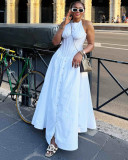 Women's African Chic Slim Waist White Button Front Maxi Dress