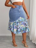 Women's Plus Size Fashion Floral Patchwork Denim Skirt