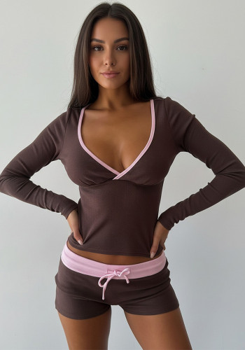 Women's Fashion Casual V-Neck Long Sleeve Color Block Low Waist Bodycon Shorts Set