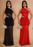Women's Fashion Sexy Slash Shoulder See-Through Mesh Low Back Dress