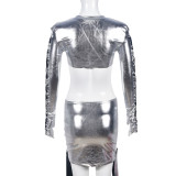 Women's Sexy Metallic Long Sleeve Crop Top Lace-Up Skirt Set