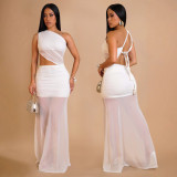 Women's Fashion Sexy Slash Shoulder See-Through Mesh Low Back Dress
