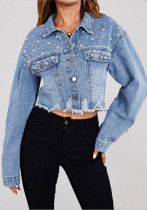 Women's Cropped Long Sleeve Beaded Ripped Denim Jacket