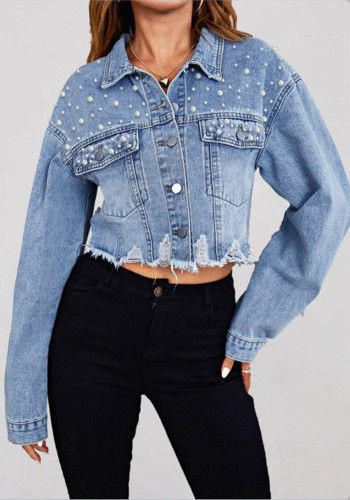 Women's Cropped Long Sleeve Beaded Ripped Denim Jacket