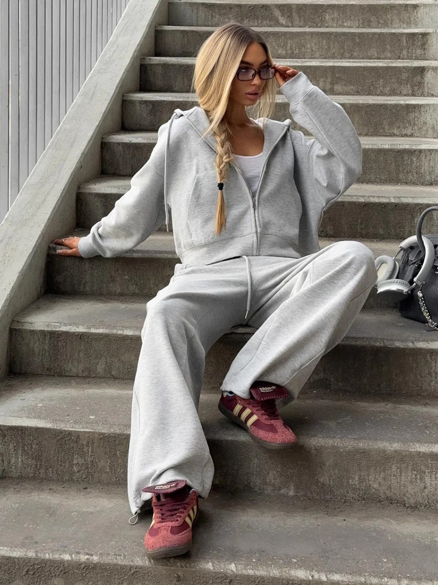 Women's Autumn Winter Zipper Hoodies Wide Leg Pants Set