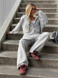 Women's Autumn Winter Zipper Hoodies Wide Leg Pants Set