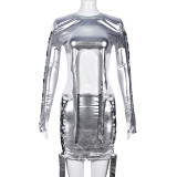 Women's Sexy Metallic Long Sleeve Crop Top Lace-Up Skirt Set