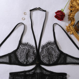 Women's Black Lash Lace See-Through Halter Neck Lingerie Set