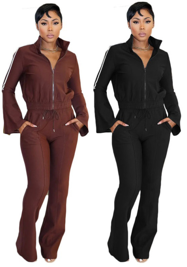 Women's Striped Color Block Bell Sleeve Two Piece Tracksuit Set