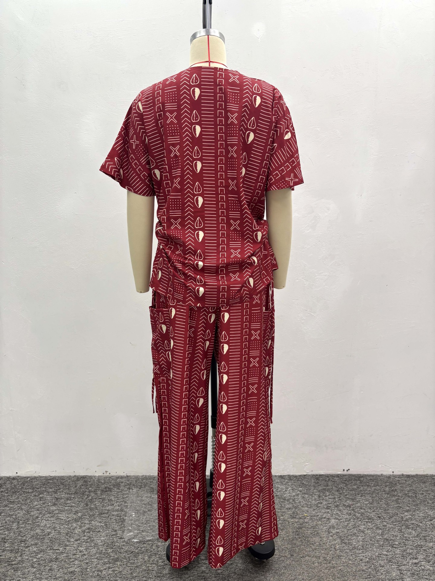 Women's African Chic Trendy Print Short Sleeve Drawstring Slim Fit Shirt Pants Set