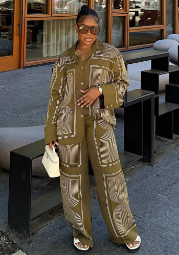 Women's African Plus Size Casual Long Sleeve Shirt Pants Set