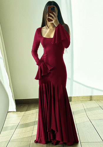 Women's Autumn Fashion Chic Elegant Solid Color Low Cut U-Neck High Waist Dress