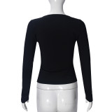 Women's Autumn Winter Sexy Tie Front Shirt Button Cut-Out Crop Long Sleeve U-Neck T-Shirt