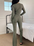 Women's Turndown Collar Knit Long Sleeve Button Sporty Butt Lift Jumpsuit
