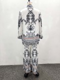 Women's African Trendy Turndown Collar Print Shirt Wide Leg Pants Set