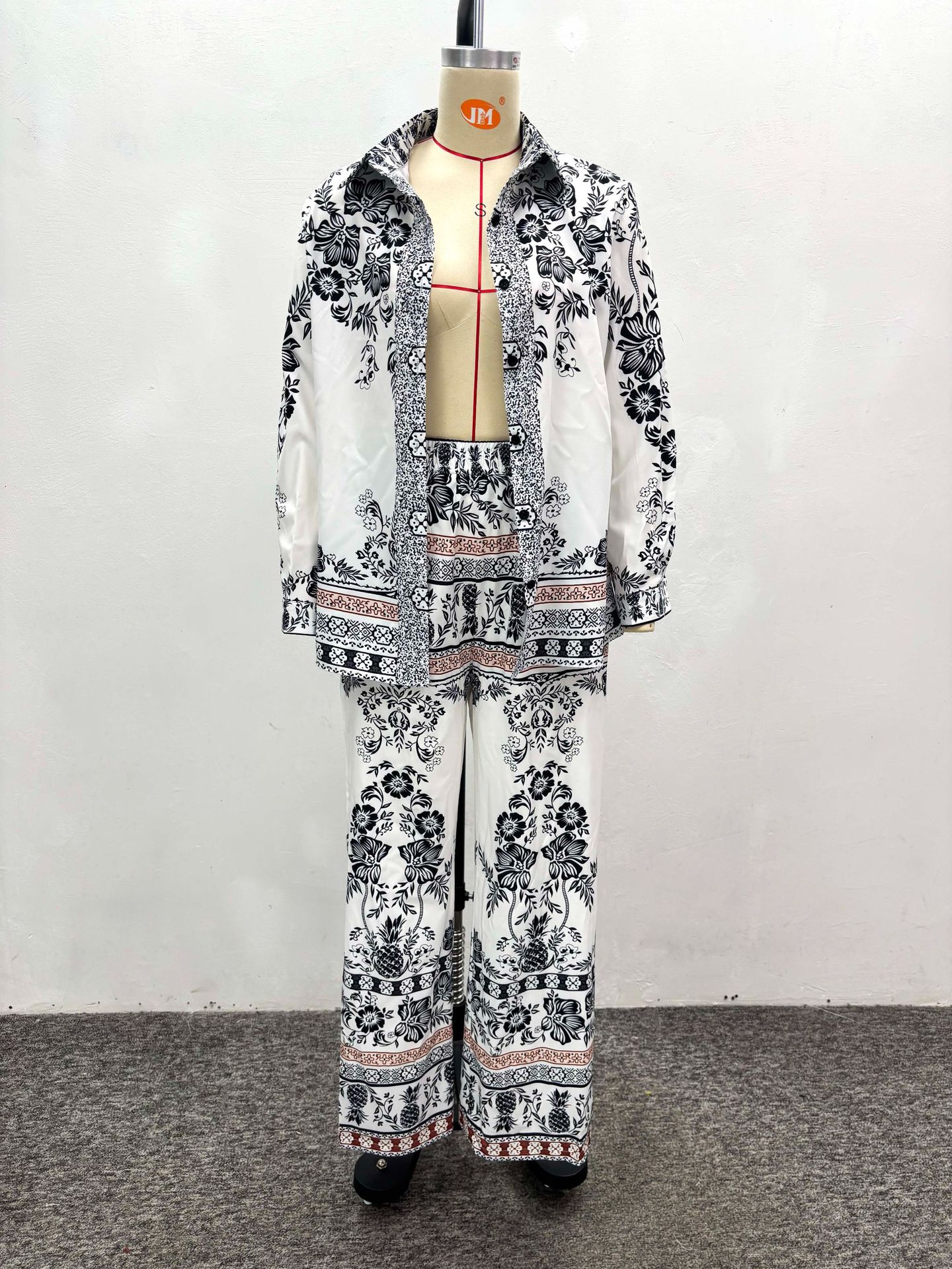 Women's African Trendy Turndown Collar Print Shirt Wide Leg Pants Set