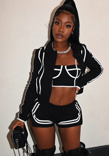 Women's Autumn Winter Fashion Long Sleeve Turndown Collar Slim Fit Shorts Set