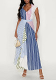 Women's Style Color Block Patchwork Striped V-Neck Slim Waist Dress