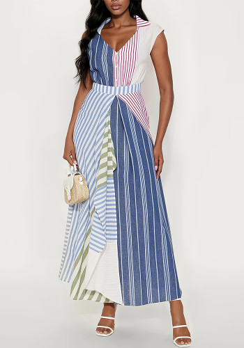 Women's Style Color Block Patchwork Striped V-Neck Slim Waist Dress