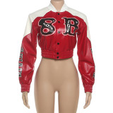 Women's Autumn Slim Fit Print Color Block Pu Leather Jacket