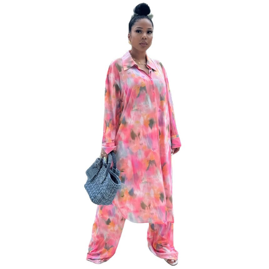 Women's Plus Size African Chic Loose Print Long Shirt Wide Leg Pants Set