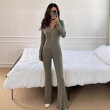 Women's Turndown Collar Knit Long Sleeve Button Sporty Butt Lift Jumpsuit