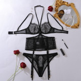 Women's Black Lash Lace See-Through Halter Neck Lingerie Set