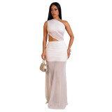 Women's Fashion Sexy Slash Shoulder See-Through Mesh Low Back Dress