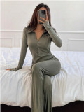 Women's Turndown Collar Knit Long Sleeve Button Sporty Butt Lift Jumpsuit