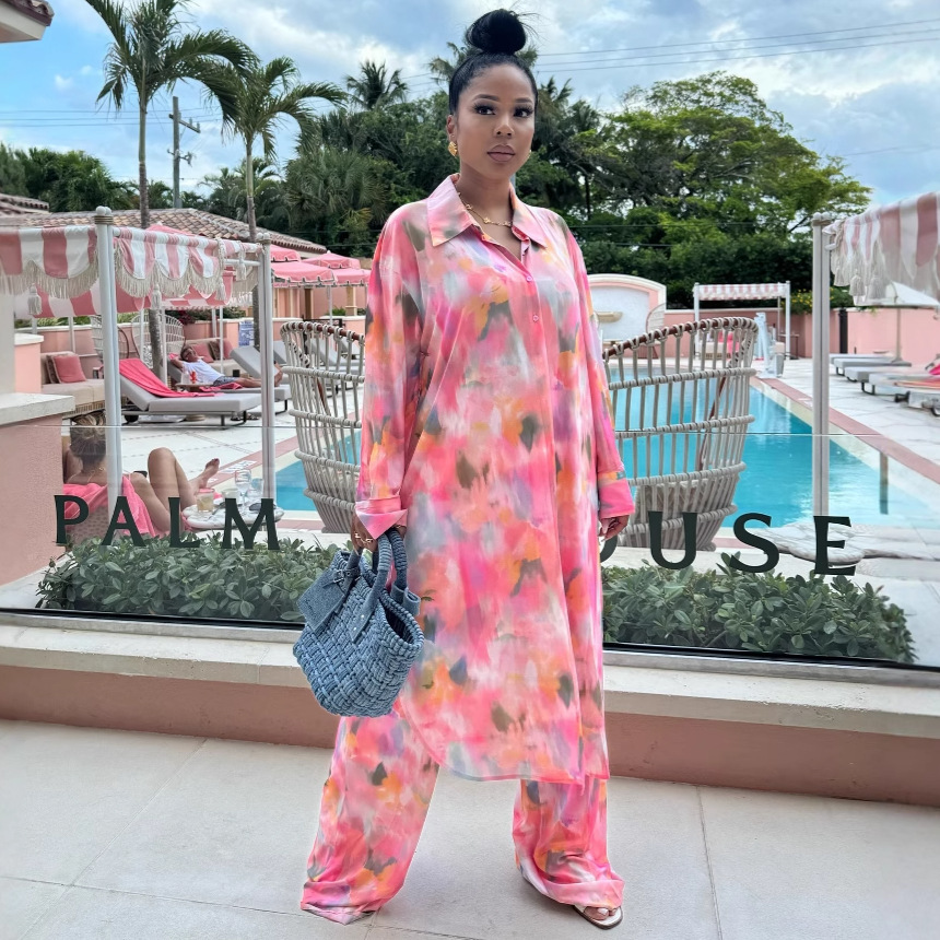 Women's Plus Size African Chic Loose Print Long Shirt Wide Leg Pants Set