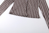 Women's Autumn Winter Fashion Striped Long Sleeve Turndown Collar Button Front Bodycon Skirt Set