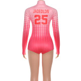 Women's Autumn Winter Fashion Print Long Sleeve Stand Collar Zipper Slim Jumpsuit