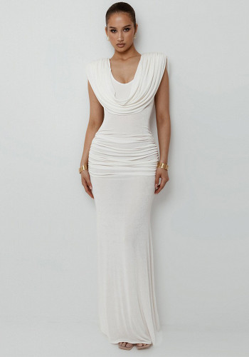 Women's Autumn Solid Color Chic Elegant Slim Waist Draped Neck Dress