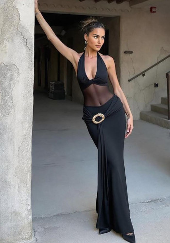 Women's Autumn Mesh Patchwork Halter Neck See-Through Lace-Up Dress