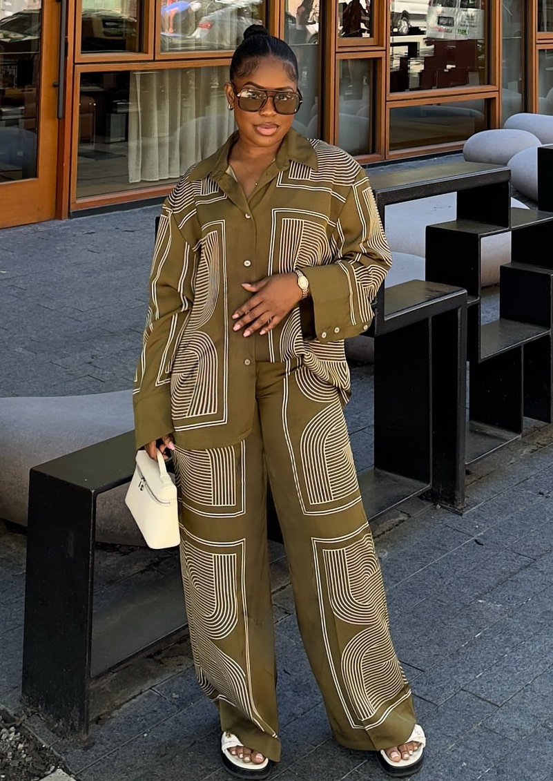 Women's African Plus Size Casual Long Sleeve Shirt Pants Set