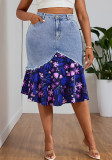 Women's Plus Size Fashion Floral Patchwork Denim Skirt