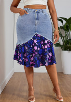 Women's Plus Size Fashion Floral Patchwork Denim Skirt