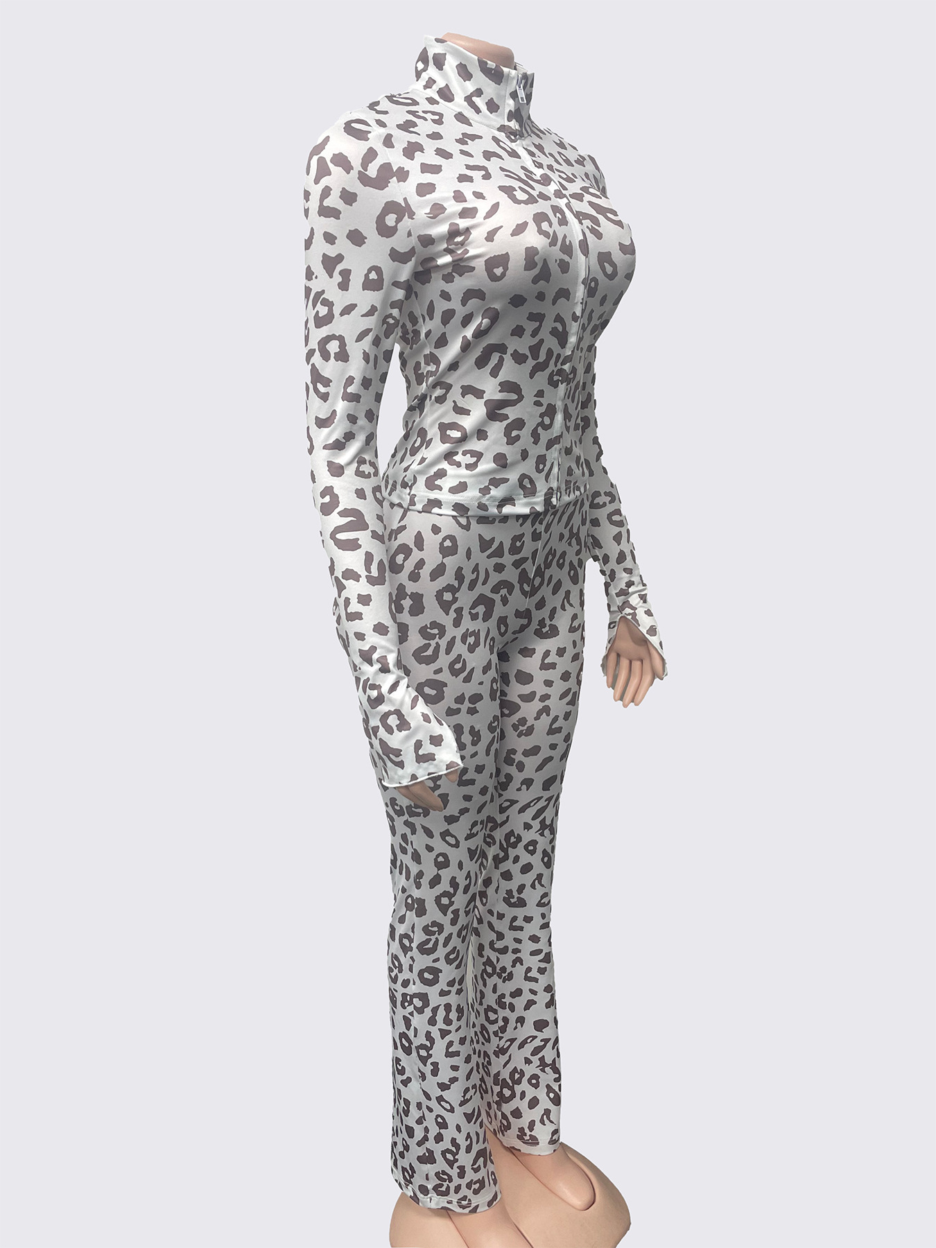 Women's Autumn Leopard Print Slim Fit Zipper Long Sleeve Top Pants Set