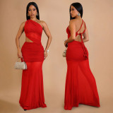 Women's Fashion Sexy Slash Shoulder See-Through Mesh Low Back Dress